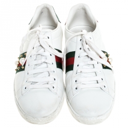 مملوكة مسبقًا Gucci White Leather Python Trim Web Detail New Ace Faux Pearl Embellished Low Top Sneakers Size 39