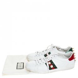 مملوكة مسبقًا Gucci White Leather Python Trim Web Detail New Ace Faux Pearl Embellished Low Top Sneakers Size 39