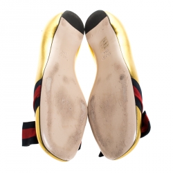 Pre Owned Gucci Metallic Gold Leather Aline Web Bow Detail Ballet Flats 39.5
