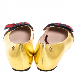 Pre Owned Gucci Metallic Gold Leather Aline Web Bow Detail Ballet Flats 39.5