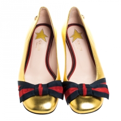 Pre Owned Gucci Metallic Gold Leather Aline Web Bow Detail Ballet Flats 39.5