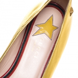 Pre Owned Gucci Metallic Gold Leather Aline Web Bow Detail Ballet Flats 39.5