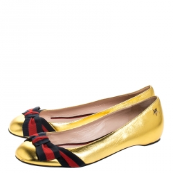 Pre Owned Gucci Metallic Gold Leather Aline Web Bow Detail Ballet Flats 39.5