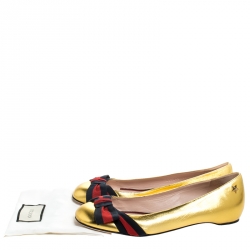 Pre Owned Gucci Metallic Gold Leather Aline Web Bow Detail Ballet Flats 39.5