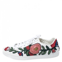 Gucci White Floral Embroidered Leather Ace Low Top Sneakers Size 39