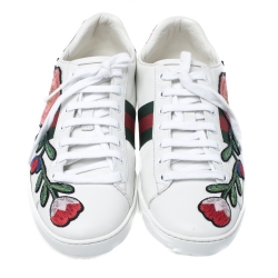 Gucci White Floral Embroidered Leather Ace Low Top Sneakers Size 39