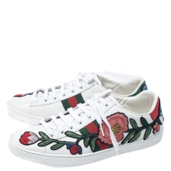 Gucci White Floral Embroidered Leather Ace Low Top Sneakers Size 39