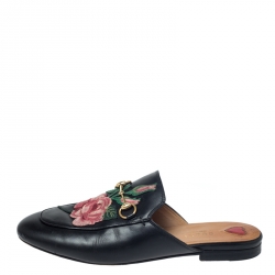 Pre Owned Gucci Black Leather Horsebit Embroidered Princetown Mules Size 38