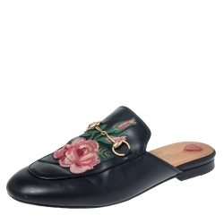 Pre Owned Gucci Black Leather Horsebit Embroidered Princetown Mules Size 38