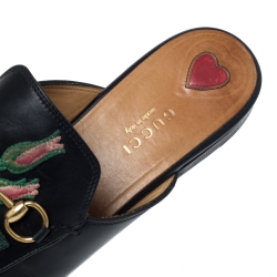 Pre Owned Gucci Black Leather Horsebit Embroidered Princetown Mules Size 38
