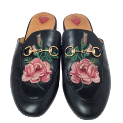 Pre Owned Gucci Black Leather Horsebit Embroidered Princetown Mules Size 38