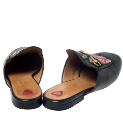 Pre Owned Gucci Black Leather Horsebit Embroidered Princetown Mules Size 38