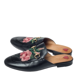Pre Owned Gucci Black Leather Horsebit Embroidered Princetown Mules Size 38