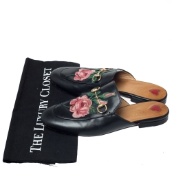 Pre Owned Gucci Black Leather Horsebit Embroidered Princetown Mules Size 38