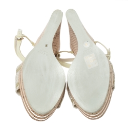 Pre Owned Gucci White Patent Leather And Fabric Wedge Ankle Strap Sandals Size 38
