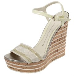Pre Owned Gucci White Patent Leather And Fabric Wedge Ankle Strap Sandals Size 38
