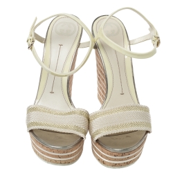 Pre Owned Gucci White Patent Leather And Fabric Wedge Ankle Strap Sandals Size 38