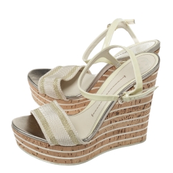 Pre Owned Gucci White Patent Leather And Fabric Wedge Ankle Strap Sandals Size 38