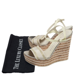 Pre Owned Gucci White Patent Leather And Fabric Wedge Ankle Strap Sandals Size 38