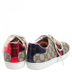 Gucci Brown/Beige GG Supreme Canvas And Python Trim Ace Lace Up Sneakers Size 39