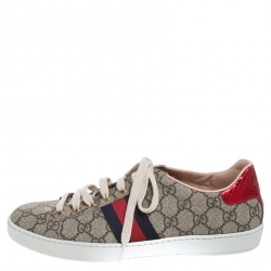 Gucci Brown/Beige GG Supreme Canvas And Python Trim Ace Lace Up Sneakers Size 39