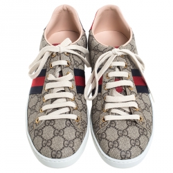 Gucci Brown/Beige GG Supreme Canvas And Python Trim Ace Lace Up Sneakers Size 39