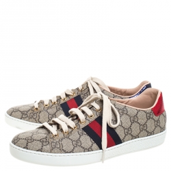 Gucci Brown/Beige GG Supreme Canvas And Python Trim Ace Lace Up Sneakers Size 39