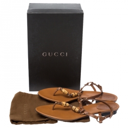 مملوكة مسبقًا Gucci Brown Leather Bamboo Embellished Thong Sandals Size 38