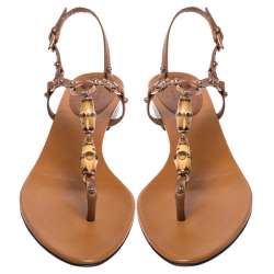 مملوكة مسبقًا Gucci Brown Leather Bamboo Embellished Thong Sandals Size 38