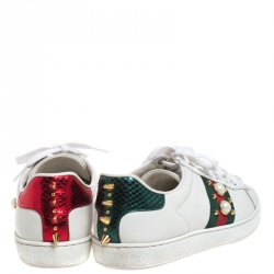 Gucci White Leather Python Trim Web Detail New Ace Faux Pearl Embellished Low Top Sneakers Size 37
