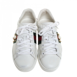 Gucci White Leather Python Trim Web Detail New Ace Faux Pearl Embellished Low Top Sneakers Size 37