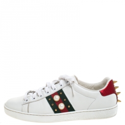 Gucci White Leather Python Trim Web Detail New Ace Faux Pearl Embellished Low Top Sneakers Size 37