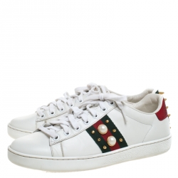 Gucci White Leather Python Trim Web Detail New Ace Faux Pearl Embellished Low Top Sneakers Size 37