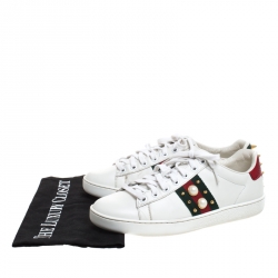 Gucci White Leather Python Trim Web Detail New Ace Faux Pearl Embellished Low Top Sneakers Size 37