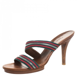 Pre Owned  Gucci Tricolor Cross Zip Web Canvas Slide Sandals Size 39