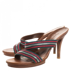 Pre Owned  Gucci Tricolor Cross Zip Web Canvas Slide Sandals Size 39
