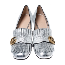 Pre Owned حذاء كعب عالي غوتشي كعب عريض تفاصيل شراشيب مارمونت GG جلد فويل فضي ميتالك مقاس 38.5