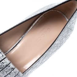 Pre Owned حذاء كعب عالي غوتشي كعب عريض تفاصيل شراشيب مارمونت GG جلد فويل فضي ميتالك مقاس 38.5