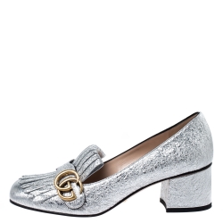 Pre Owned حذاء كعب عالي غوتشي كعب عريض تفاصيل شراشيب مارمونت GG جلد فويل فضي ميتالك مقاس 38.5