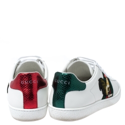 Gucci White Leather and Metallic Python Trim Rooster Web Detail Ace Sneakers Size 38
