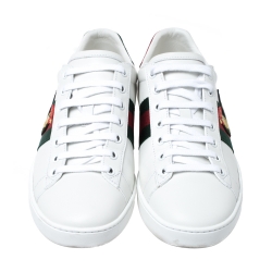 Gucci White Leather and Metallic Python Trim Rooster Web Detail Ace Sneakers Size 38