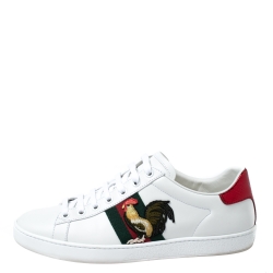 Gucci White Leather and Metallic Python Trim Rooster Web Detail Ace Sneakers Size 38