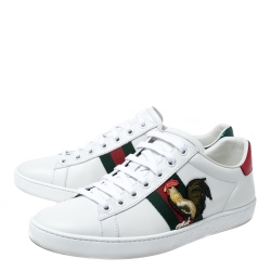 Gucci White Leather and Metallic Python Trim Rooster Web Detail Ace Sneakers Size 38