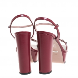 Pre Owned Gucci Burgundy Leather Claudie Horsebit Peep Toe Platform Sandals Size 39.5