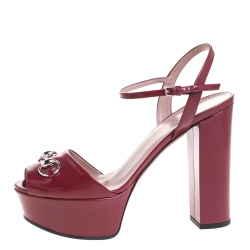 Pre Owned Gucci Burgundy Leather Claudie Horsebit Peep Toe Platform Sandals Size 39.5