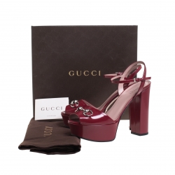 Pre Owned Gucci Burgundy Leather Claudie Horsebit Peep Toe Platform Sandals Size 39.5