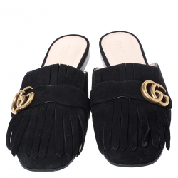مملوكة مسبقًا Gucci Black Suede GG Marmont Kiltie Mules Size 40.5
