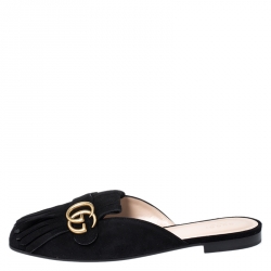 مملوكة مسبقًا Gucci Black Suede GG Marmont Kiltie Mules Size 40.5