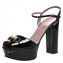 Pre Owned صندل غوتشي نعل سميك مقدمة مفتوحة هورسبيت Claudie جلد لامع أسود مقاس 40