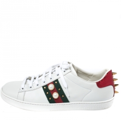 Gucci White Leather Python Trim Web Detail New Ace Faux Pearl Embellished Low Top Sneakers Size 38